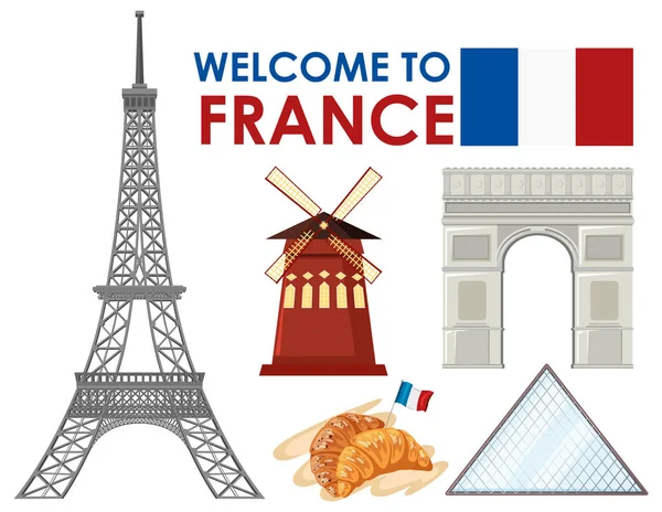 Bienvenue France Avec Illustration Des Monuments — Image vectorielle