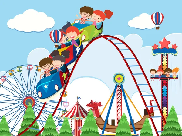 Niños Paseos Parque Atracciones Ilustración — Archivo Imágenes Vectoriales