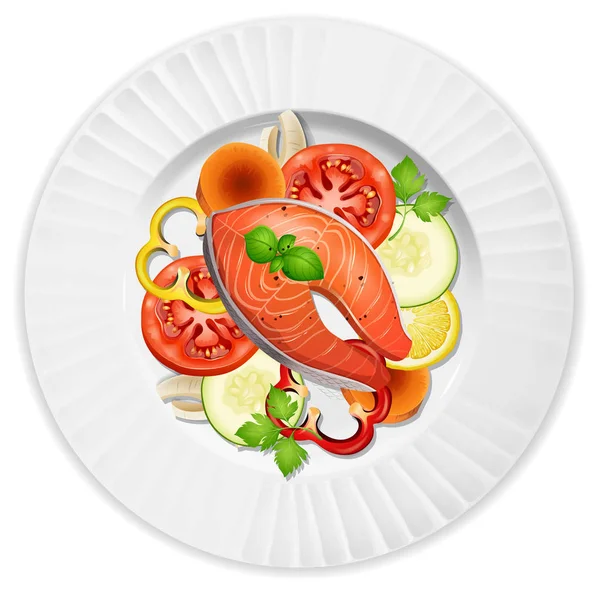 Een Close Zalm Steak Salade Illustratie — Stockvector