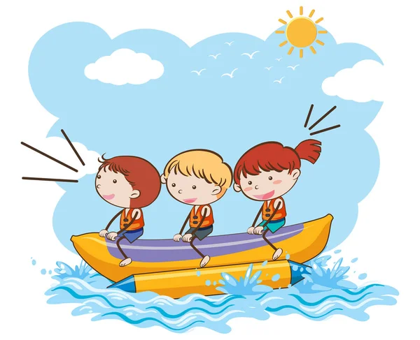 Gyermekek Banán Csónak Lovaglás Illusztráció — Stock Vector