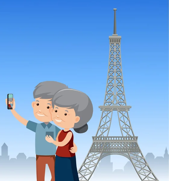 Una Pareja Ancianos Viaja París Ilustración — Vector de stock