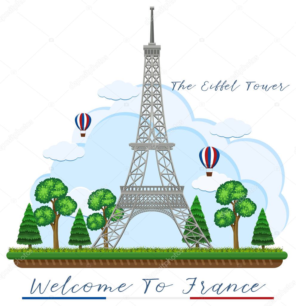 Welcome to France with eiffel tower illustration