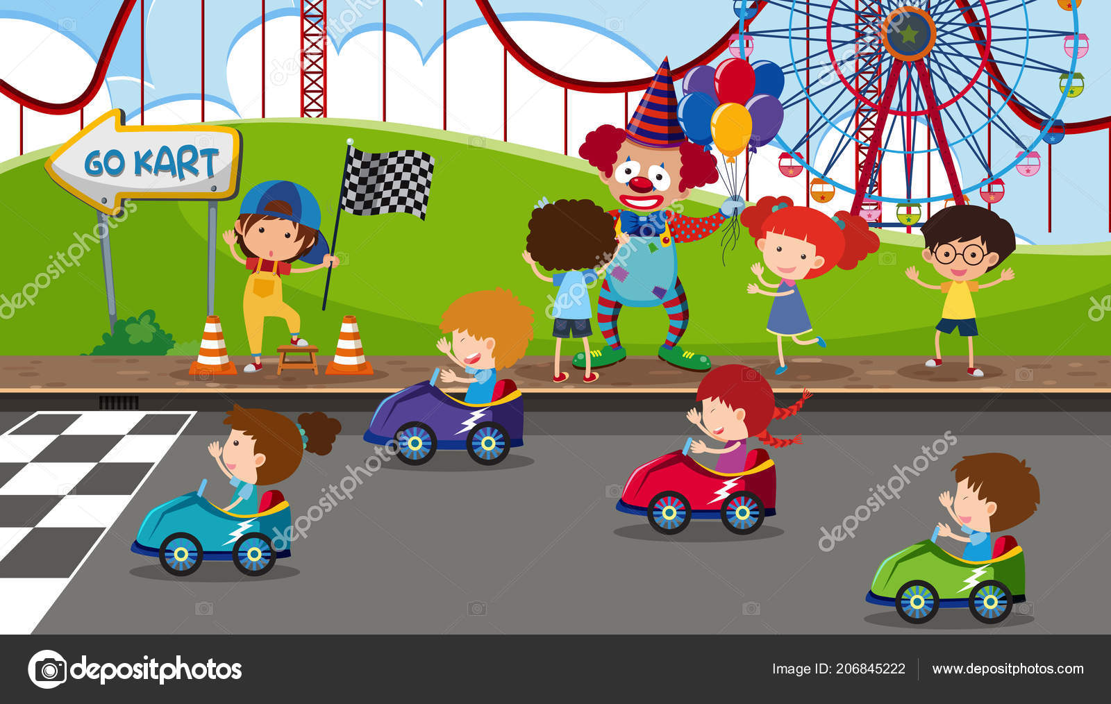 Esporte de kart com jogo de corrida go kart na pista de circuito em desenho  animado plano desenhado à mão ilustração