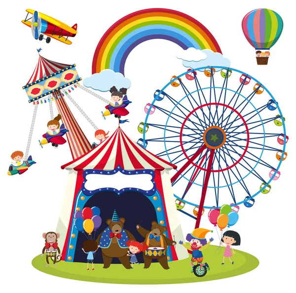 Bambini Parco Divertente Illustrazione Scena — Vettoriale Stock