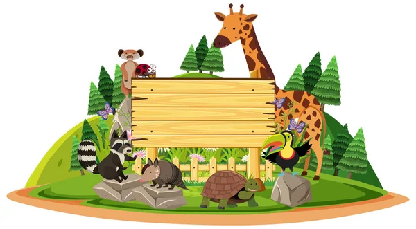 Wooden Sign Wild Animals Illustration — Stock Vector