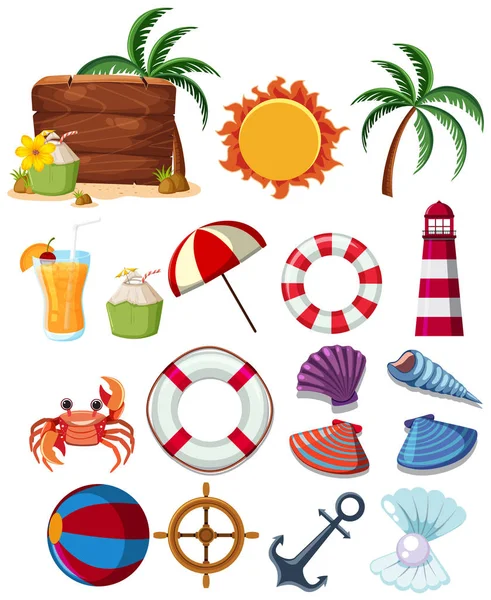 Conjunto Elementos Playa Verano Ilustración — Vector de stock