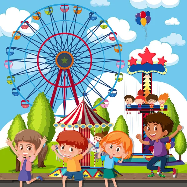 Egy Csoport Gyermekek Vidámpark Illusztráció — Stock Vector