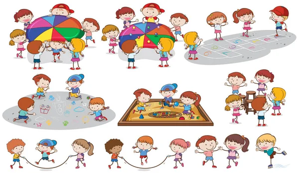 Conjunto Niños Jugando Patio Recreo Ilustración — Vector de stock