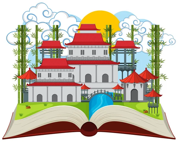 Иллюстрация Открытой Книги Азиатском Здании — стоковый вектор