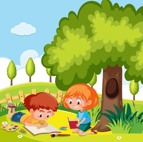 Bambini Studiano Nell Illustrazione Della Natura — Vettoriale Stock