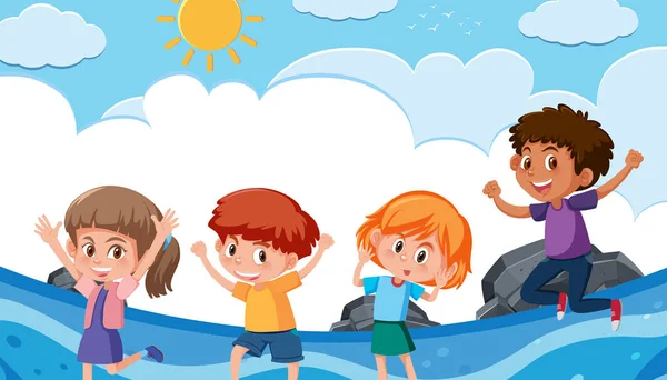 Set Van Gelukkige Kinderen Het Strand Illustratie — Stockvector