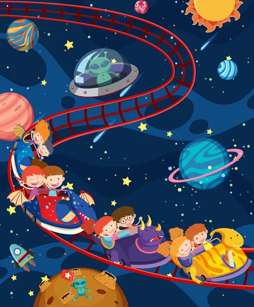 Niños Montando Tren Espacial Ilustración — Archivo Imágenes Vectoriales