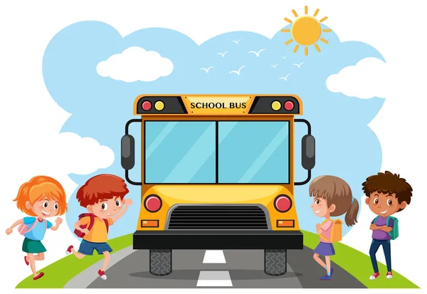 Ilustración Estudiantes Autobuses Escolares — Vector de stock