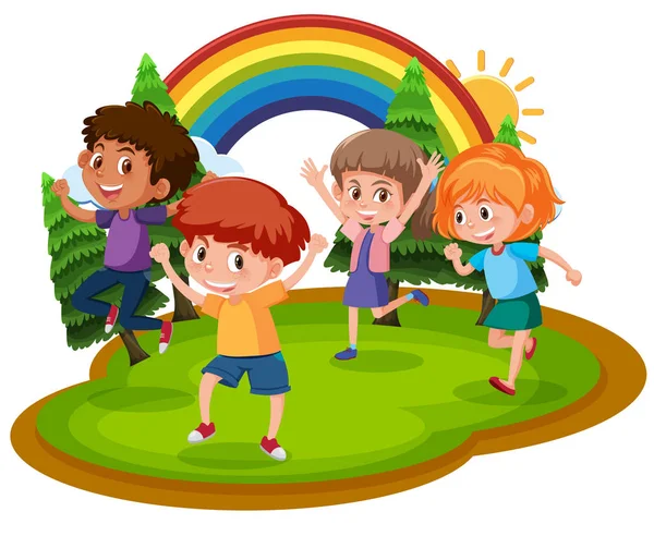 Cuatro Niños Felices Parque Ilustración — Vector de stock