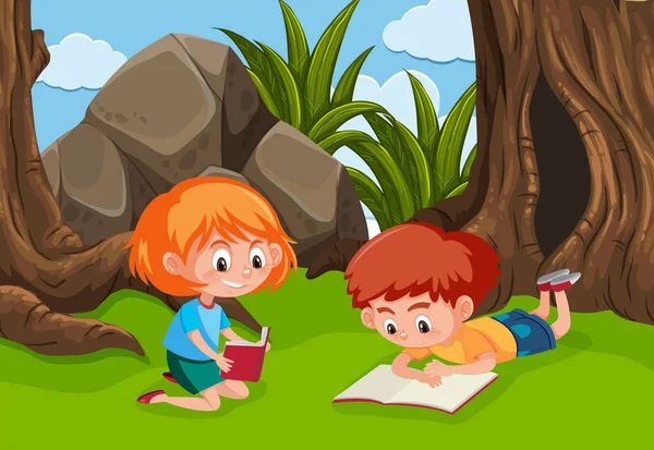 Deux Jeunes Enfants Lisant Dans Parc Illustration — Image vectorielle
