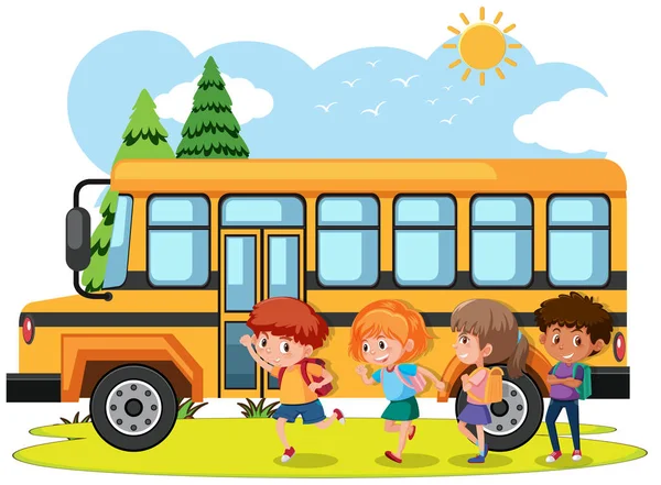 Estudiantes Yendo Escuela Autobús Ilustración — Vector de stock