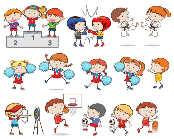 Conjunto Crianças Fazendo Diferentes Ilustrações Esportivas —  Vetores de Stock