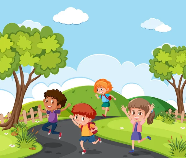 Enfants Courant Travers Une Illustration Parc — Image vectorielle