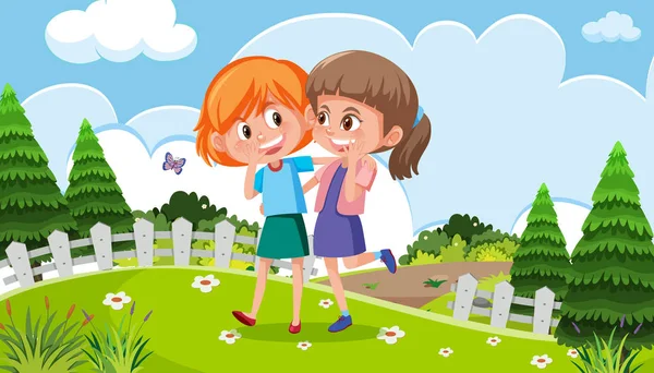 Duas Meninas Andando Uma Ilustração Parque —  Vetores de Stock
