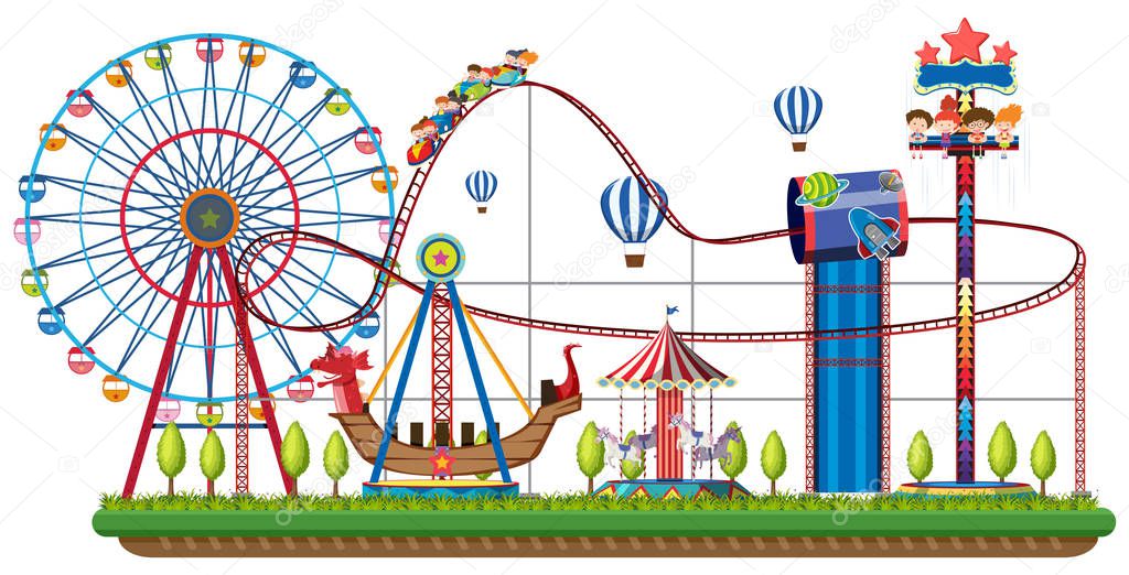 Theme park rides on white background illustration