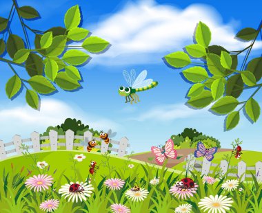 Güzel bir bahçe ve böcekler illüstrasyon
