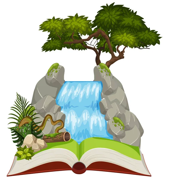 Natural Waterfall Open Book Illustration — Stock Vector