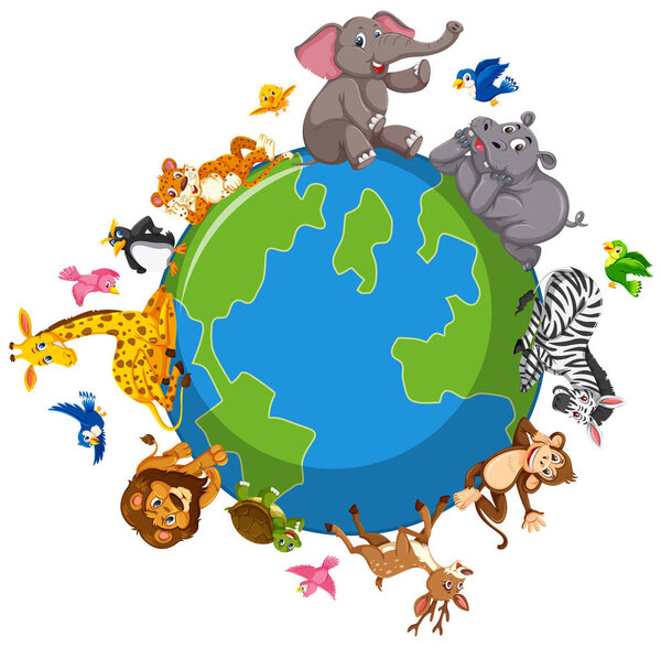 Wild animals on the globe illustration