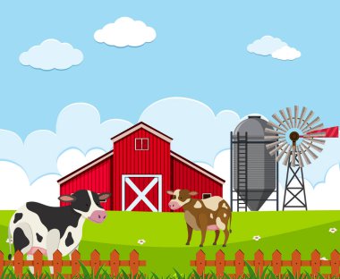Bir güzel çiftlik manzara illüstrasyon