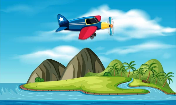 Avión Sobrevolando Isla Ilustración — Vector de stock
