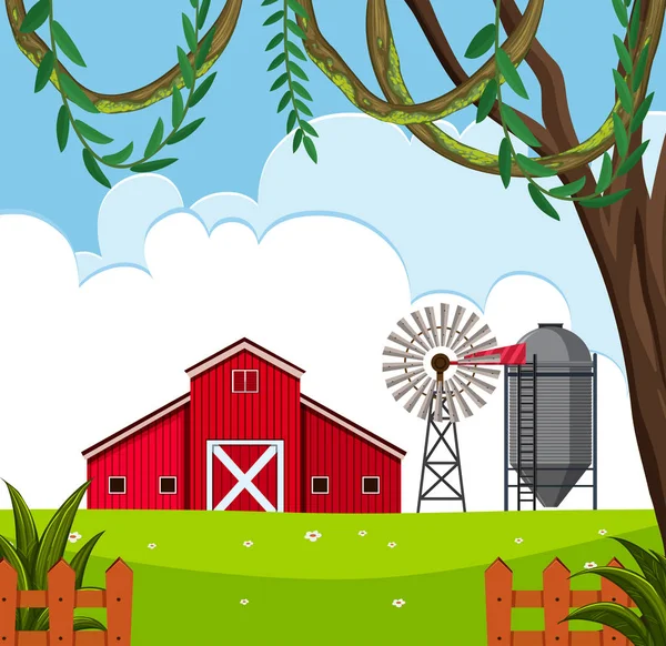 Egy Vidéki Barn House Táj Illusztrációja — Stock Vector