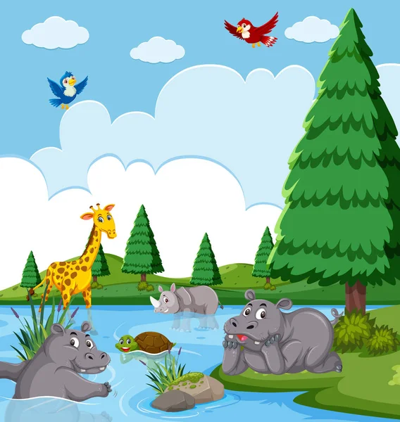 Happy animals in the lake illustration