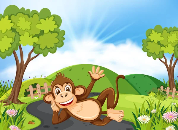 Feliz Macaco Deitado Estrada Ilustração — Vetor de Stock