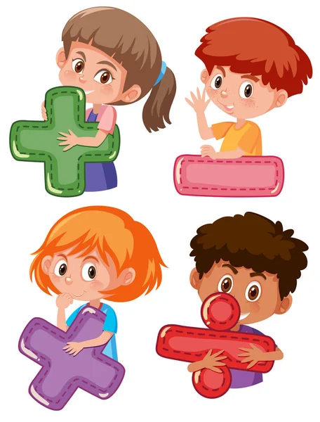 Set of children holding mathematic symbols illustration