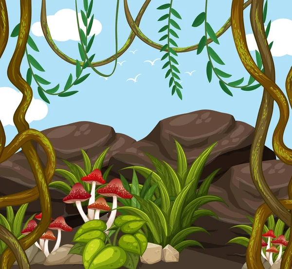 Jungle Scene Mushrooms Illustration — Stock Vector