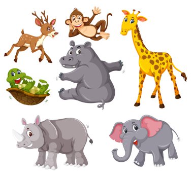 Bir vahşi hayvanlar ayarlamak beyaz arka plan illüstrasyon üzerinde