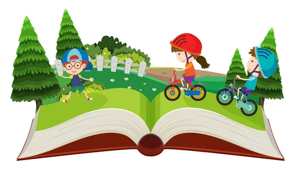 Дети Велосипедах Всплывают Книжной Иллюстрации — стоковый вектор