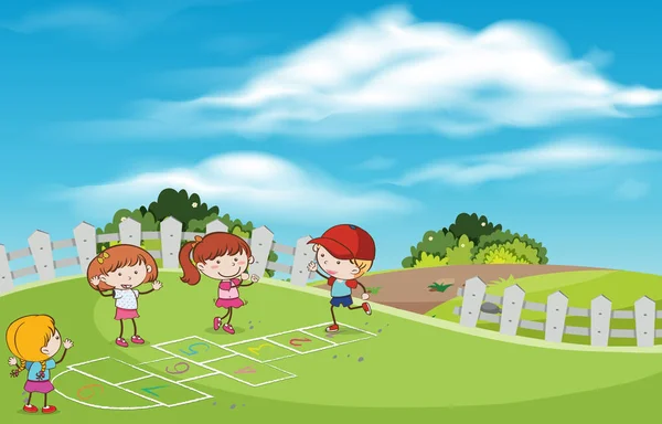 Kinderen Spelen Hop Scotch Bij Speeltuin Illustratie — Stockvector