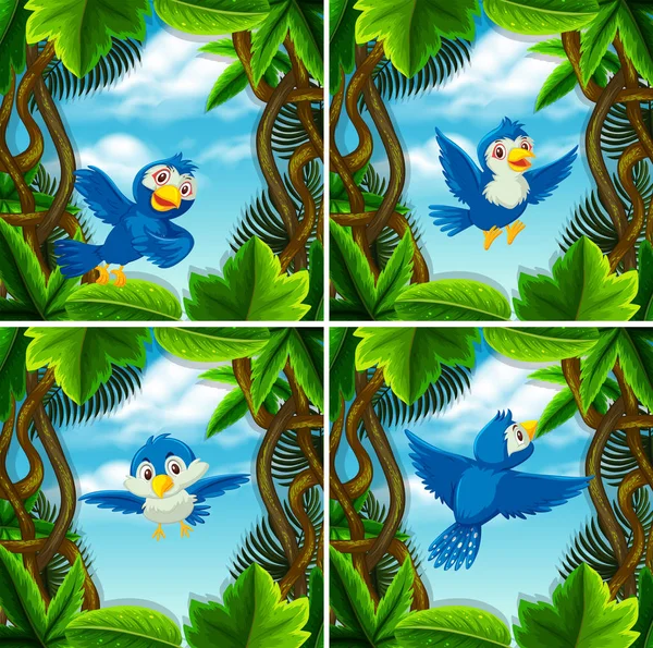 Conjunto Lindo Pájaro Azul Escenas Ilustración — Vector de stock