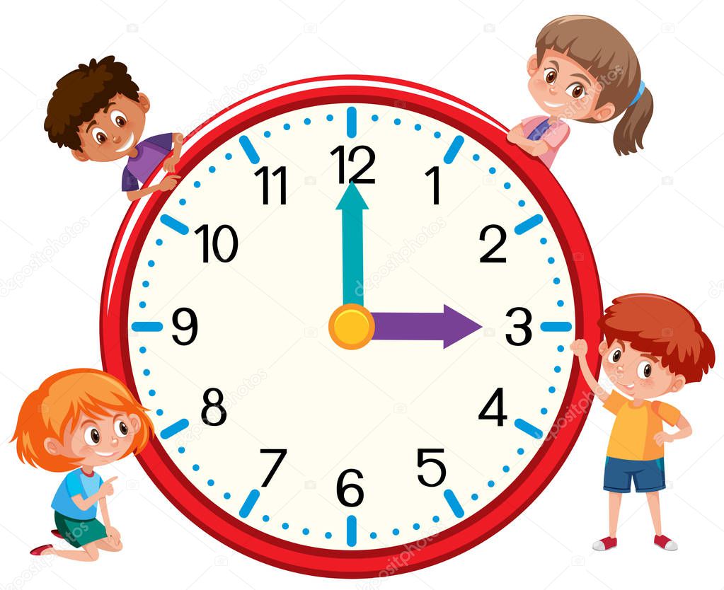 Children and clock on white bankground illustration