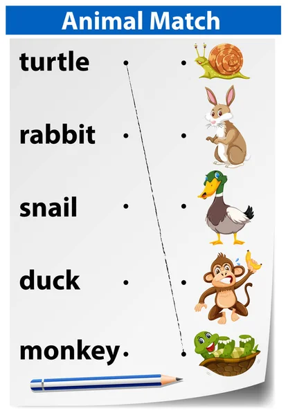 English animal matching worksheet illustration