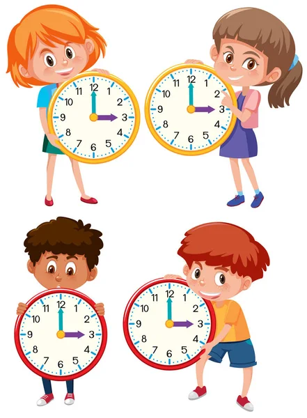 Children holding clock on white background illustration