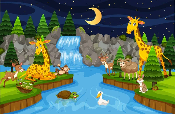 Animales Cascada Escena Nocturna Ilustración — Vector de stock