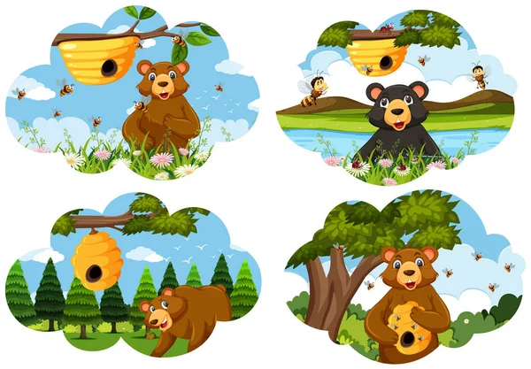 Conjunto Cenas Urso Ilustração — Vetor de Stock