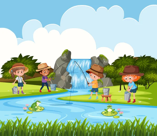 Crianças Pescando Cena Livre Ilustração —  Vetores de Stock