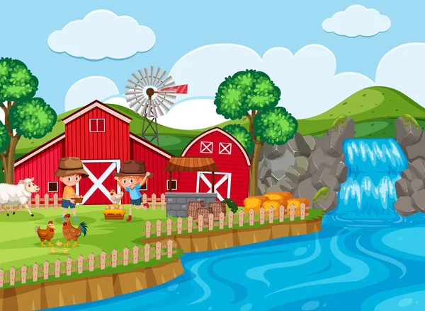 Granja Escena Con Ilustración Cascada — Vector de stock