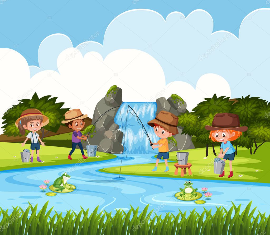 Children fishing in outdoor scene  illustration