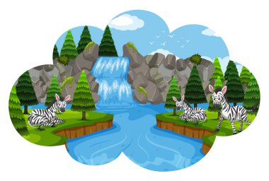 şelale sahne illüstrasyon Zebras