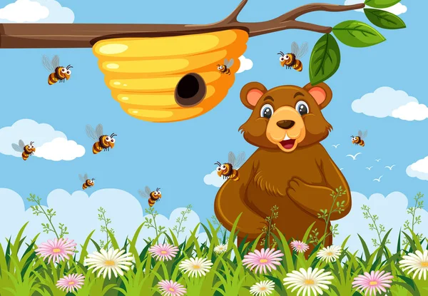 Glücklicher Bär Neben Bienenstock Illustration — Stockvektor