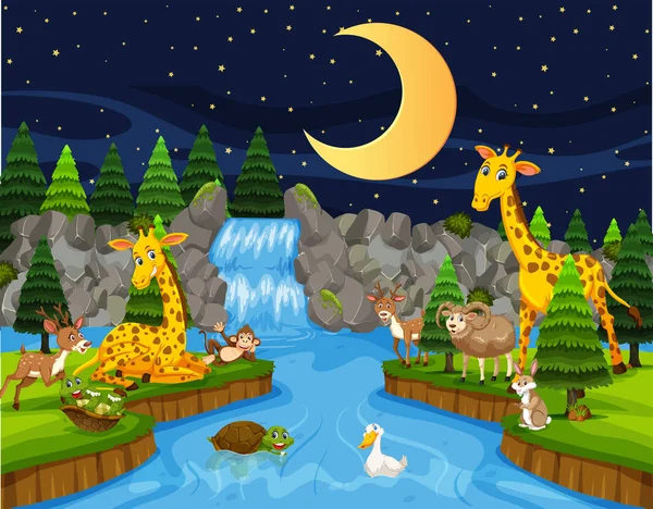 Animales Salvajes Junto Río Por Noche Ilustración — Vector de stock