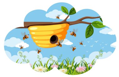 Kovan arılar üzerinde şube illüstrasyon ile